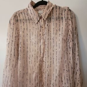 Anewday, cream , sheer, long sleeve button down w rose gold glitter and buttons